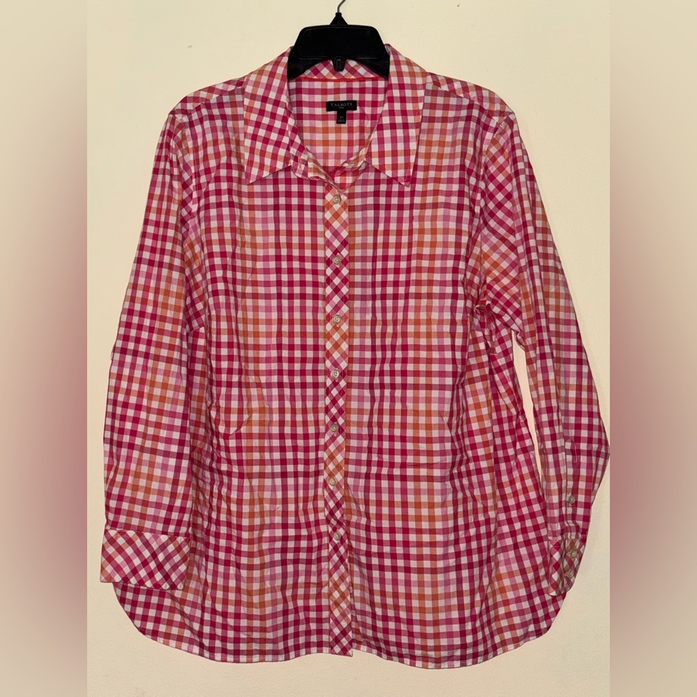 Talbots Pink and Orange Checkered Classic Cotton Shirt